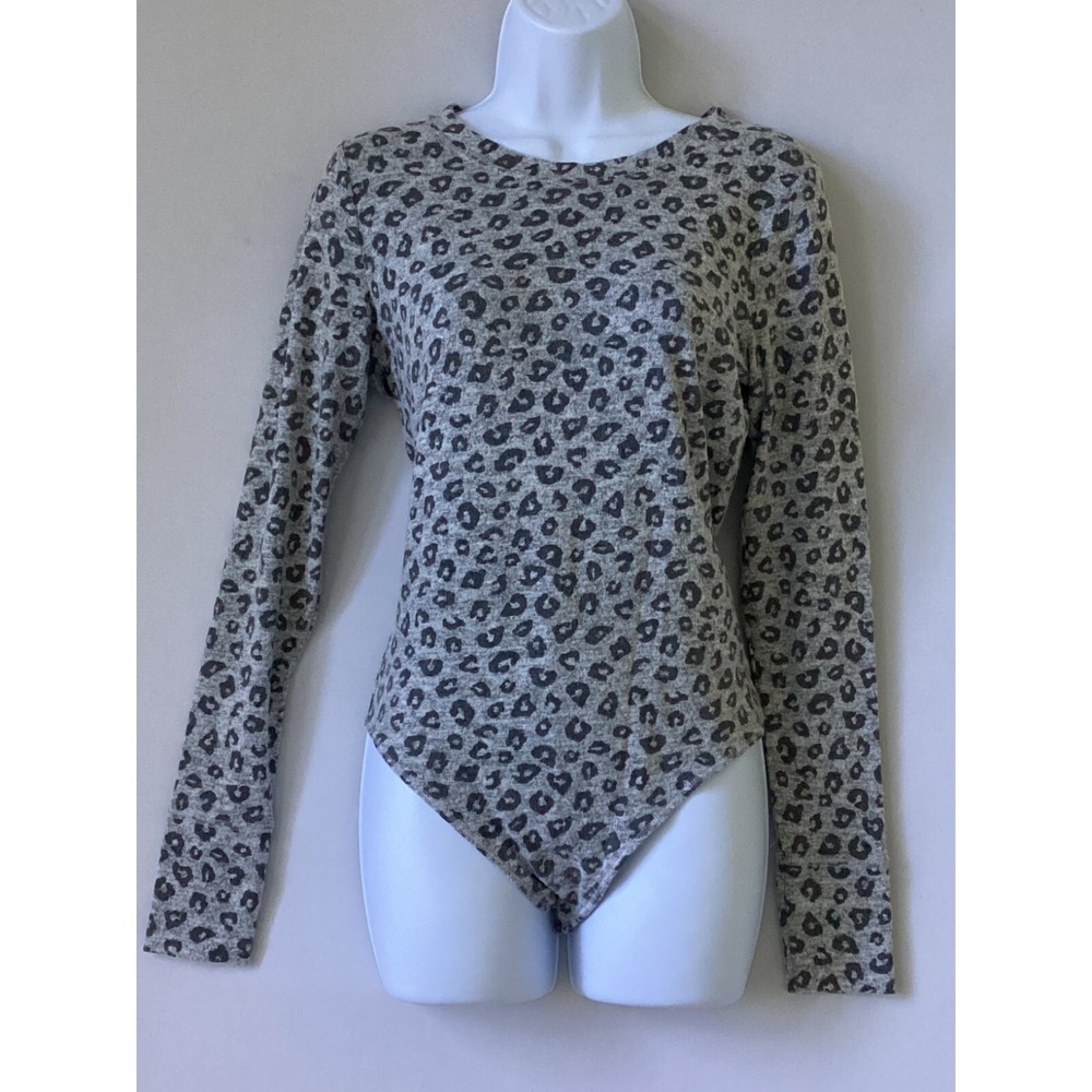 Abercrombie & Fitch Shirt Thong Bodysuit Womens Medium Gray Leopard Long Sleeve